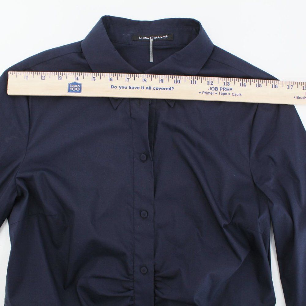 LUISA CERANO Dark Blue Cotton Stretch Shirt Dress Ruched Front Button Midi SZ 10 - Picture 13 of 15